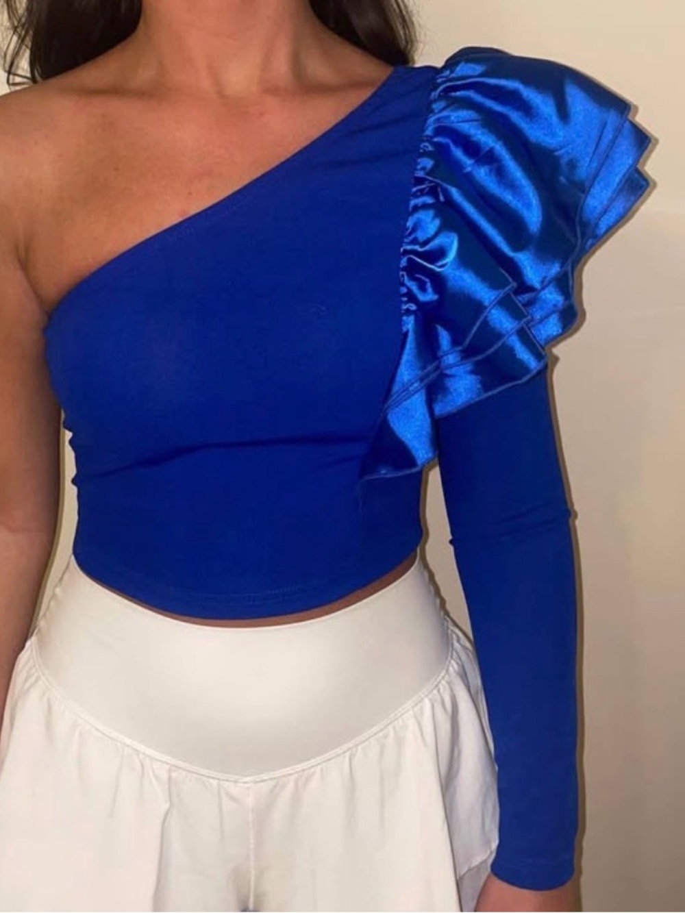 NWOT One-Shoulder Royal Blue Ruffle Long Sleeve Top Size XS